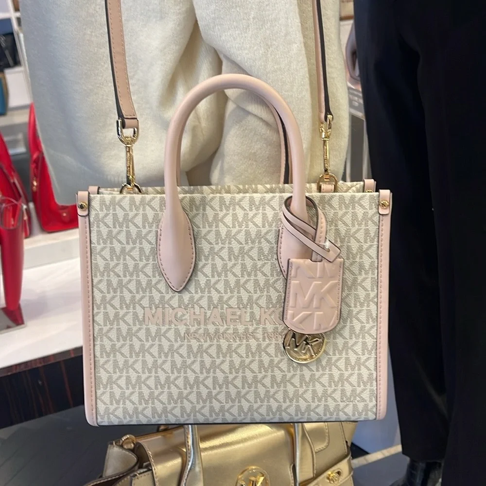 Michael Kors Mirella Small Shopper Top Zip Crossbody Bag Powder Blush Multi Logo